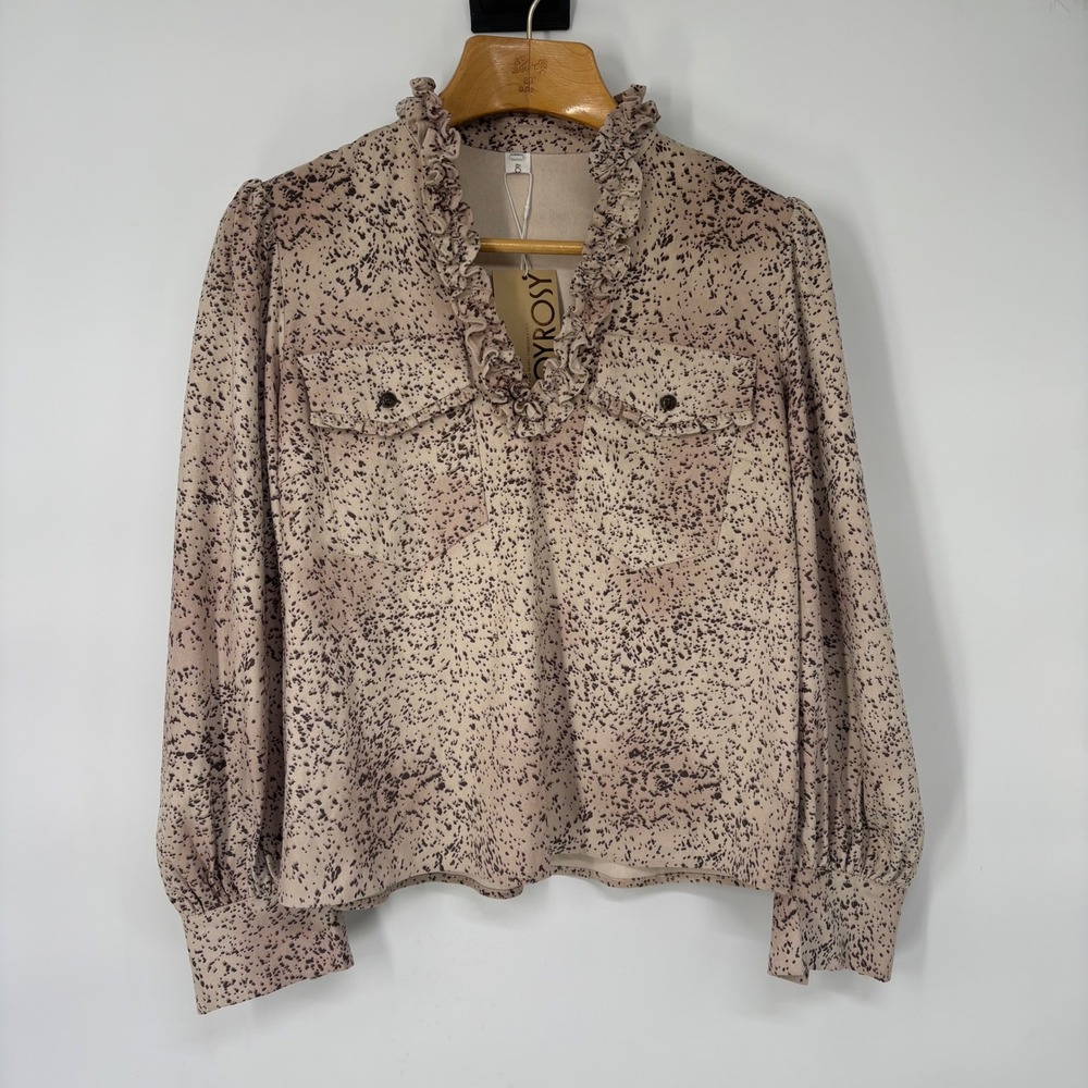 Oyrosy Womens Faux Suede Ruffle Neck Speckled Print‎ Top Size M Western Rodeo